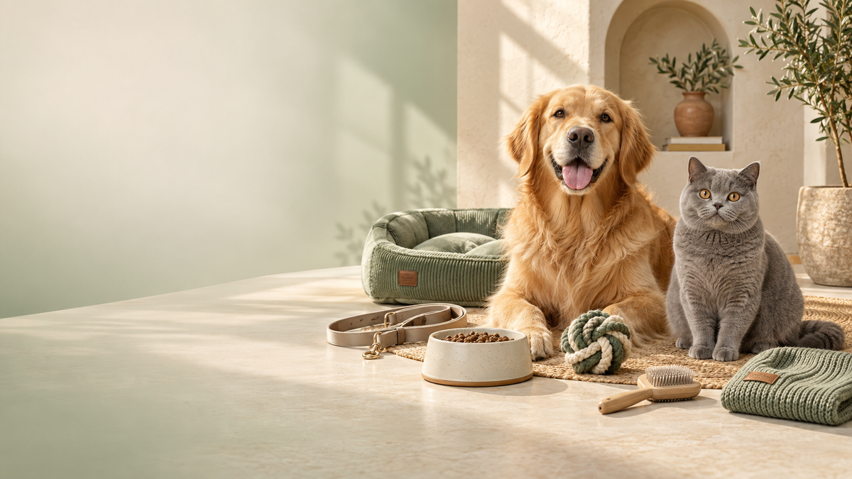 A golden retriever and grey cat surrounded by thoughtfully chosen pet essentials